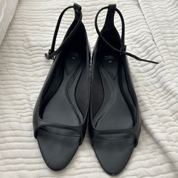 ZARA Flat Open Pointed Toe Black Leather Ballet Flats - Picture 5 of 11